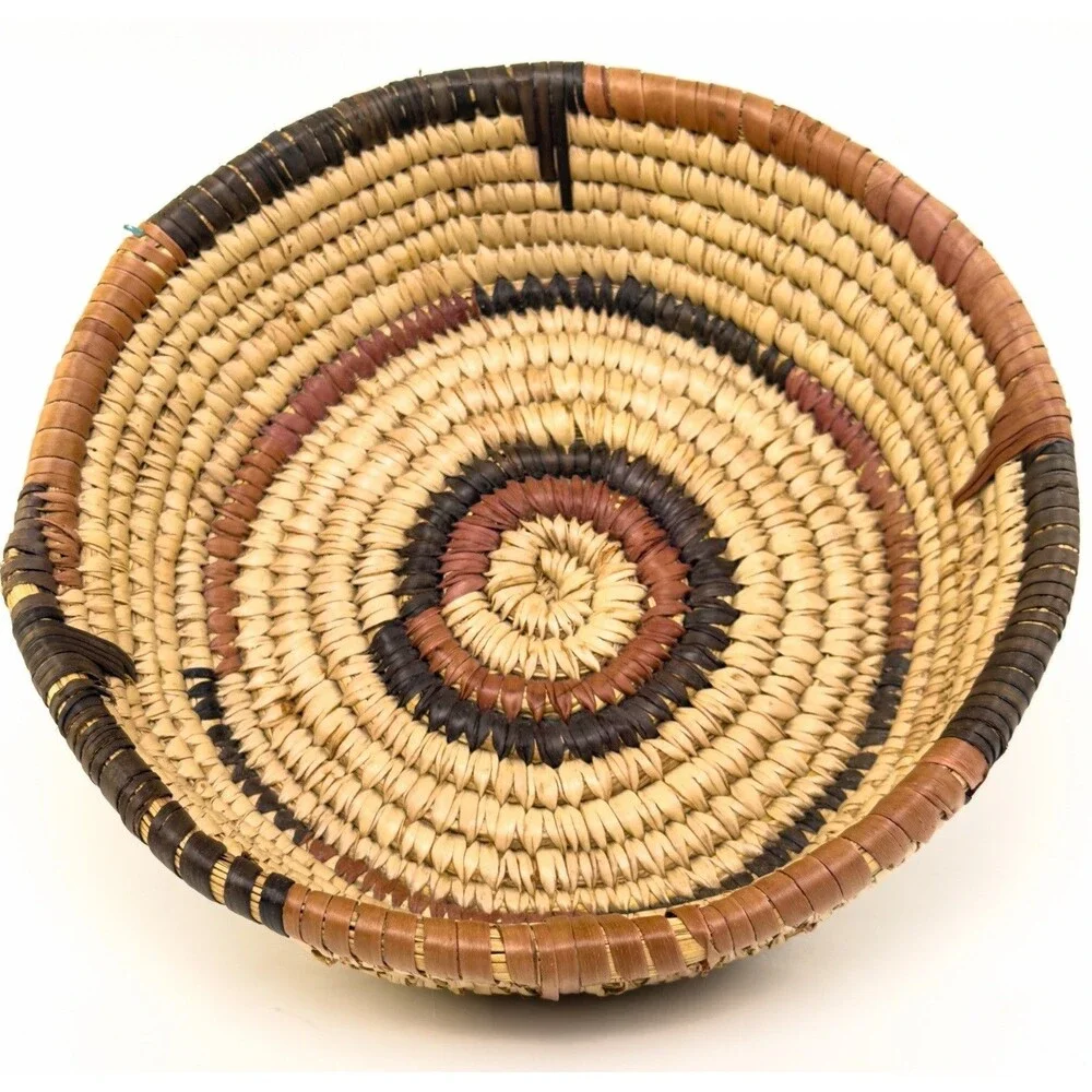 Vintage Woven Basket Coiled Round 10” Earth Tones Tan Brown Boho Wall Decor